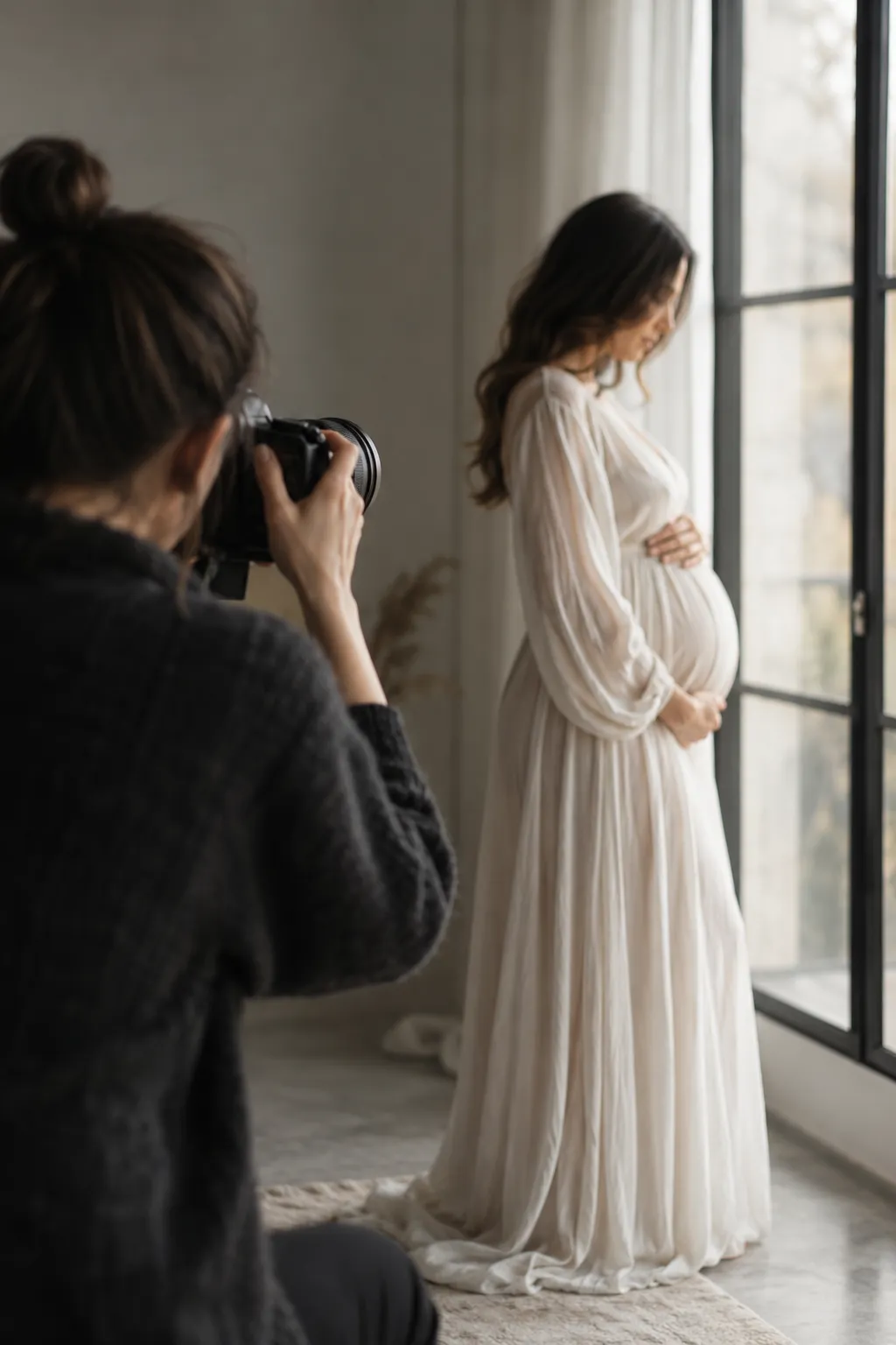 Sesión de fotos de embarazo junto a una ventana con luz natural