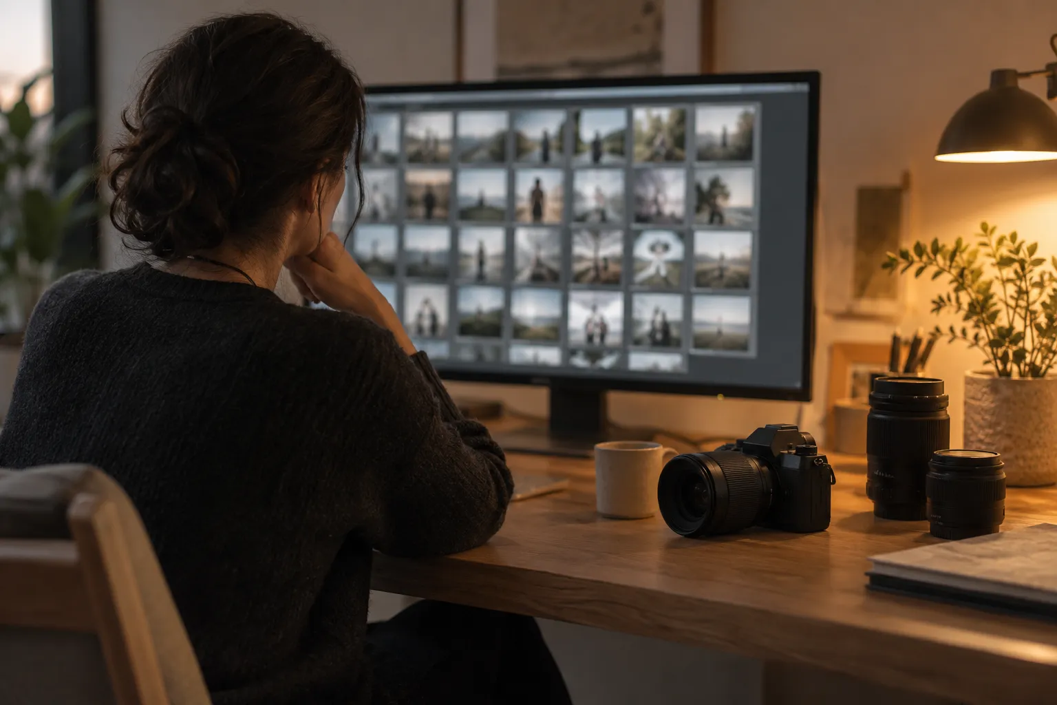 Fotógrafa revisando una sesión en el monitor de su escritorio de edición