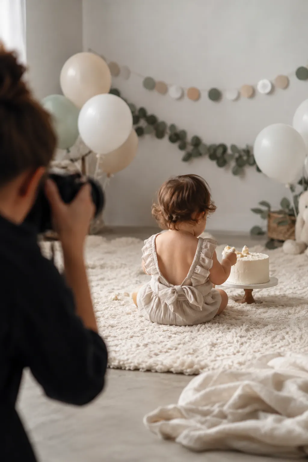 Sesión de fotos de primer cumpleaños con pastel y globos en estudio