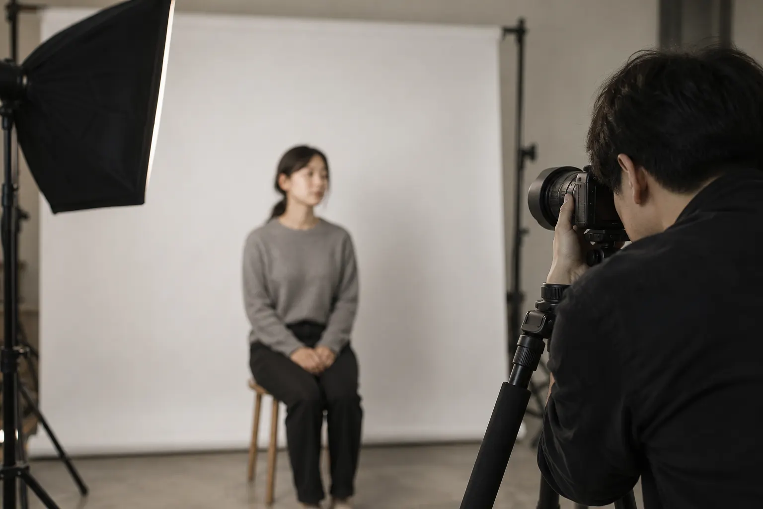 Fotógrafo tomando una foto para trámites a una persona sentada frente a un fondo blanco en un estudio