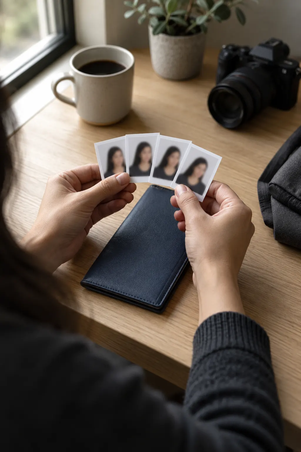 Manos sosteniendo cuatro fotos para pasaporte con fondo blanco sobre una cartera de viaje